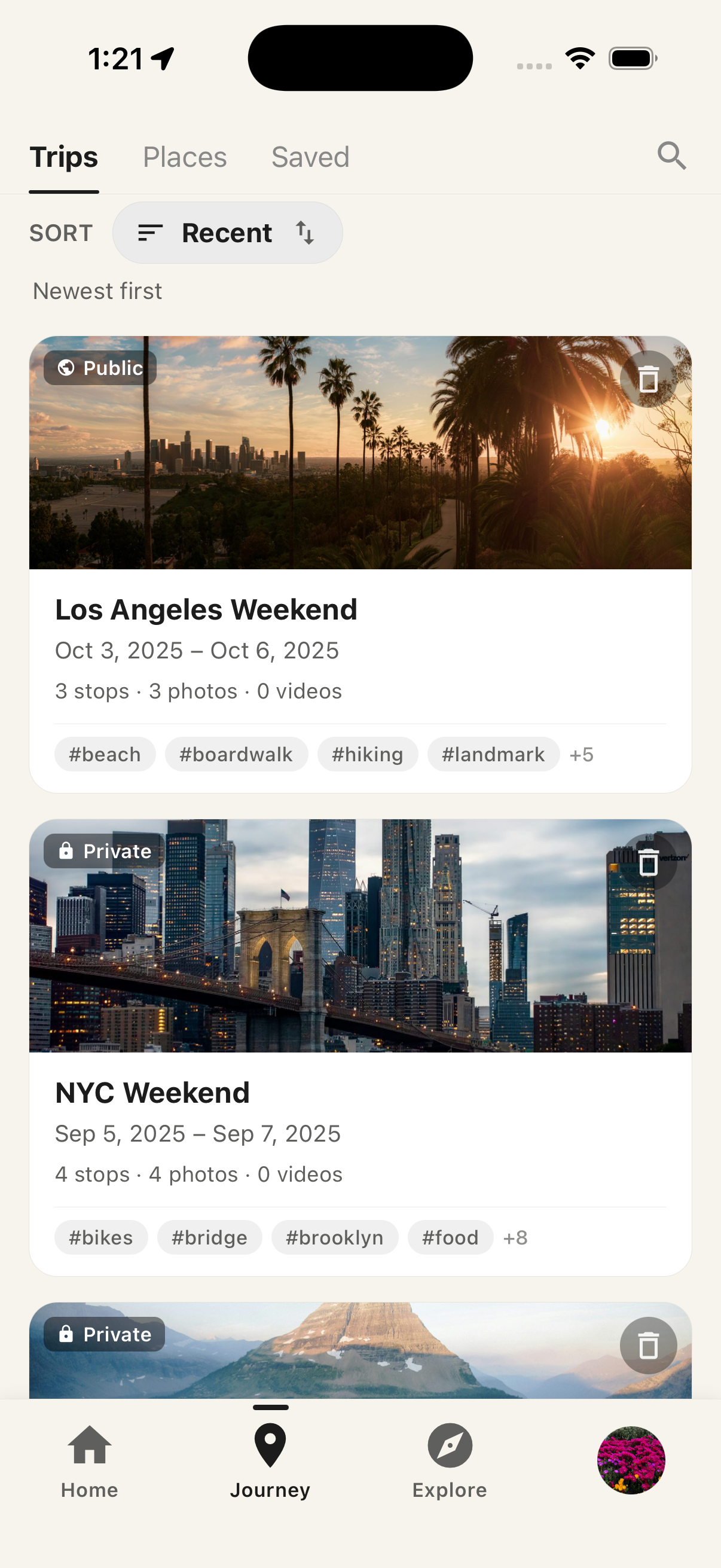Journey tab showing list of trips