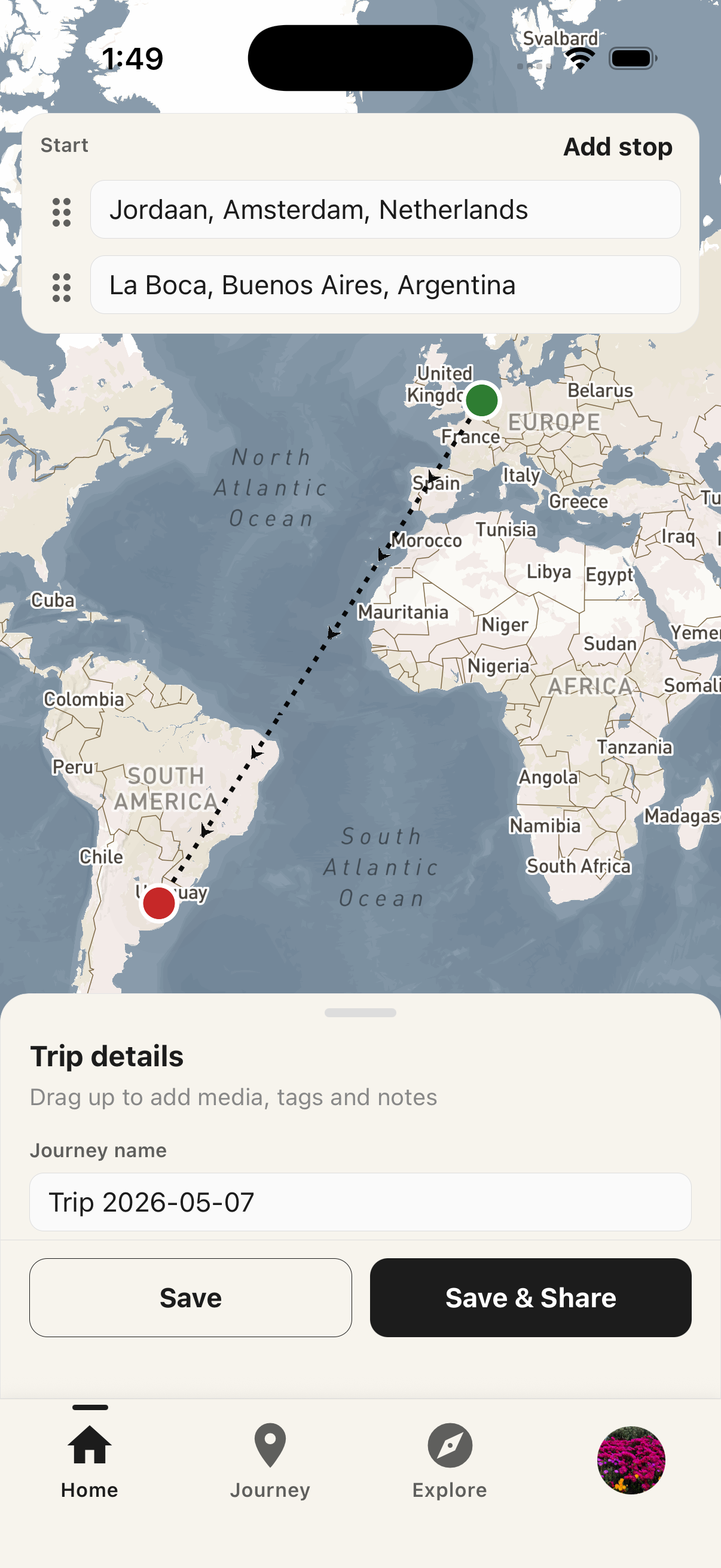 Trip creation screen with stops plotted on map